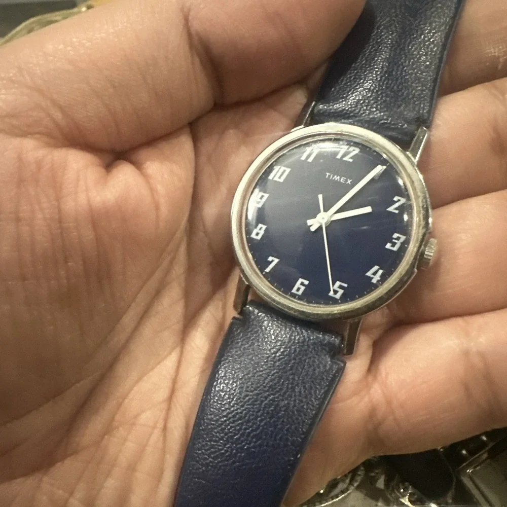 Working Vintage 1976 TIMEX Mens Blue Manual Wind 34mm Watch Blue Strap Rare Runs